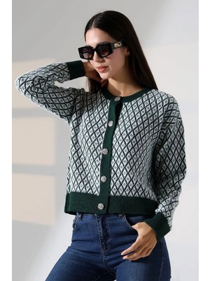 Rmy Moda Yeşil Kare Çizgi Desenli Düğmeli Triko Hırka BCES-252004