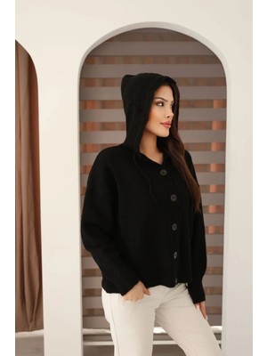 Rmy Moda Siyah Düğmeli Kapüşonlu Soft Touch Triko Hırka BCES-253009