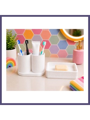 Teknokapsül 3D Baskı Diş Fırçalık ve Sabunluk Seti - Lavabo Üstü Banyo Organizeri-Beyaz Bzsth