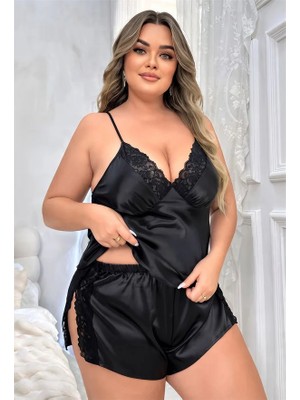 Dolozena Siyah Büyük Beden Göğsü Fransız Dantelli Yanı Dantel Detaylı Ince Askılı Parlak Saten Şortlu Pijama Takımı