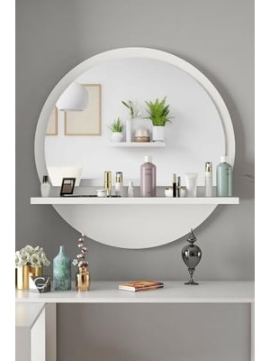 Bomii Yuvarlak Raflı 45 Beyaz Koridor Dresuar Konsol Duvar Salon Banyo Ofis Çocuk Yatak Oda Raflı Aynası, 45X45