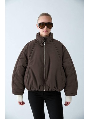 Tena Kadın Kahve Dik Yaka Crop Bomber Ceket