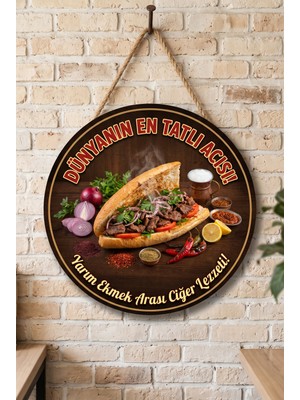 Mayeka Ekmek Arası Ciğer Temalı Yuvarlak Ahşap Mdf Duvar Tablosu Cafe Restoran Dekoru