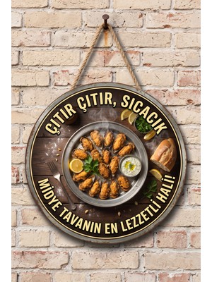 Mayeka Midye Tava Temalı Yuvarlak Ahşap Mdf Tablo Kafe Restoran Mutfak Duvar Dekoru