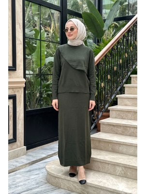 Nuss Bluz Parça Detay Triko Etekli Takım 705 Haki