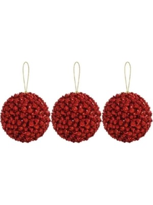 Arya Flowers Garden Yılbaşı Topu Kristal Doku Efektli 8 cm 3'lü – Kırmızı Işıltılı Çam Ağacı Süsü