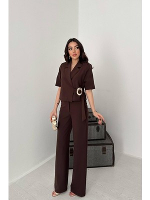 Elbee Fashion Woman Kahverengi Tek Tokalı Ceket ve Pantolon Takım