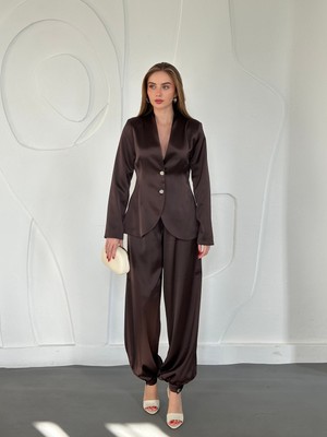 Elbee Fashion Woman Kahverengi Saten Ceket Pantolon Takım
