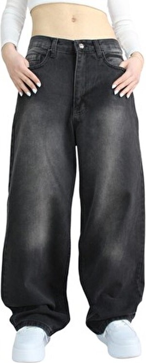 St.Poll Vintage Siyah Yıkamalı Baggy Jean Pamuklu Günlük Tarz XL Beden Kadın Kullanıma Uygun