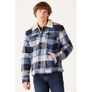 Loose Fit Rahat Kesim Mavi Ekoseli Sherpa Ceket