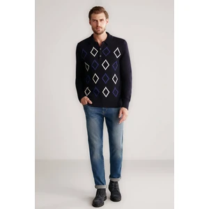 Baklava Desenli Polo Yaka Lambswool Lacivert Kazak