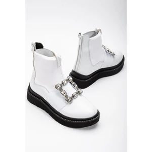 Dilimler Ayakkabı Rugan Streç Taşlı Kalın Taban Beyaz Kadın Bot