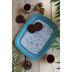 EE171-9F Botanica Blue Desenli Oval Tepsi 24X31 cm