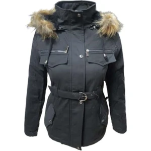 TB3435 Kadın Gabardin Kapüşonu Kürklü Kısa Boy Mont - TB3435 - Siyah