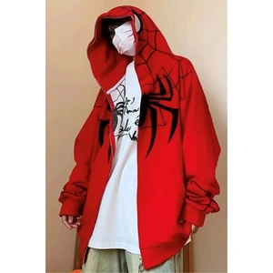 Kırmızı Kapüşonlu Siyah Spiderman Desenli Maske Detay Unisex Oversize Sweatshirt Hırka