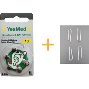 Yesmed Extra Power 10 Numara Işitme Cihazı Pili (1 Paket = 6 Adet Pil) + Hediye Işitme Cihazı Hortumu (4 Adet, Orta-Standart Olan Kıvrılmış Hortum), Yesmed