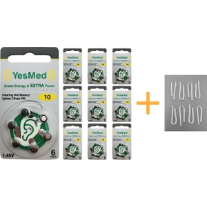 Yesmed Extra Power 10 Numara Işitme Cihazı Pili (10 Paket x 6 Adet = 60 Adet Pil) + Hediye Işitme Cihazı Hortumu (8 Adet, Orta-Standart Olan Kıvrılmış Hortum), Yesmed