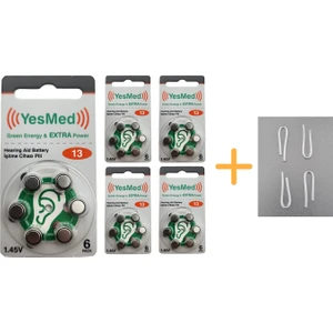 Yesmed Extra Power 13 Numara Işitme Cihazı Pili (5 Paket x 6 Adet = 30 Adet Pil) + Hediye Işitme Cihazı Hortumu (4 Adet, Orta-Standart Olan Kıvrılmış Hortum), Yesmed