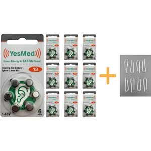 Yesmed Extra Power 13 Numara Işitme Cihazı Pili (10 Paket x 6 Adet = 60 Adet Pil) + Hediye Işitme Cihazı Hortumu (8 Adet, Orta-Standart Olan Kıvrılmış Hortum), Yesmed