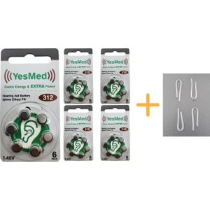 Yesmed Extra Power 312 Numara Işitme Cihazı Pili (5 Paket x 6 Adet = 30 Adet Pil) + Hediye Işitme Cihazı Hortumu (4 Adet, Orta-Standart Olan Kıvrılmış Hortum), Yesmed