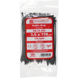 - 3,6mm x 150MM Plastik Cırt Kelepçe - Kablo Bağı - Siyah- Kablo Klipsi - 1 Paket- 100 Adet