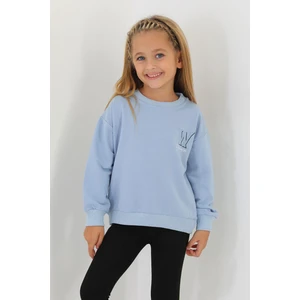 Bisiklet Yaka Uzun Kol W Baskılı Mavi Renk Sweatshirt