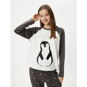 Polar Pijama Üstü Penguen Nakışlı Bisiklet Yaka Reglan Kol