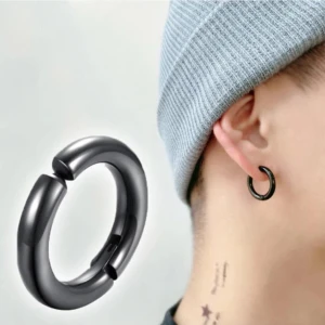 Trend Collection Sıkıştırmalı Deliksiz Fake 316L Paslanmaz Cerrahi Çelik Unisex Siyah Küpe Yuvarlak Halka Küpe