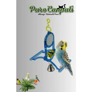 Purecanpati Muhabbet Kuşları Için Tünekli Aynalı & Zilli Salıncak Mavi Sarı Kırmızı Renk