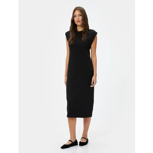 Midi Bodycon Elbise Kısa Kollu Bisiklet Yaka Fitilli