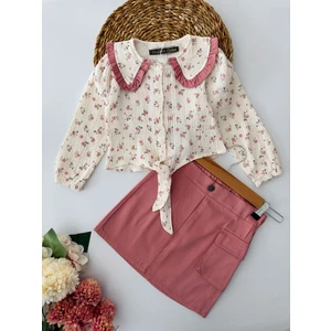 Miniğimin Cicileri Bağlamalı Çiçek Desenli Kız Çocuk etekli takım - Pembe