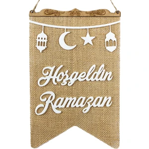 Hoşgeldin Ramazan Yazılı Kapı Duvar Süsleme Dekoratif Jut Hasır Flama Ramazan Bayramı Süsü
