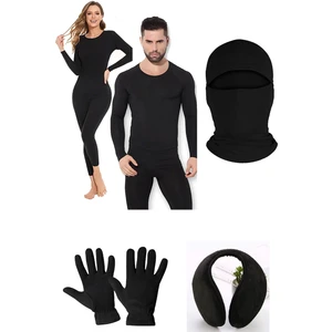 Belifanti Collection Unisex Termal Içlik Alt Üst Takım Polar Eldiven Polar Kulaklık Termal Maske Set Siyah
