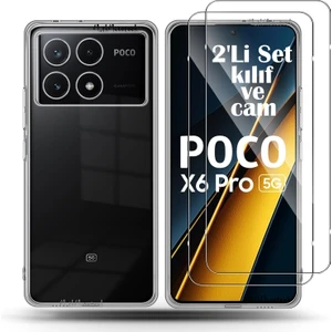 M.TK Moveteck Xiaomi Poco X6 Pro Kılıf Kamera Çıkıntılı Yumuşak Şeffaf Silikon + 9h Ekran Koruyucu Cam Set