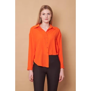 Kadın Yakalı Düşük Omuzlu Uzun Kol Likrasız Kumaş Gömlek-Oranj