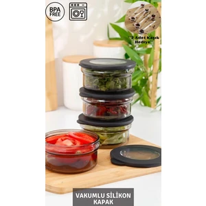 4 Adet Black Pearl Vakumlu Kapak Cam Saklama Kabı - Cam Kahvaltı Seti