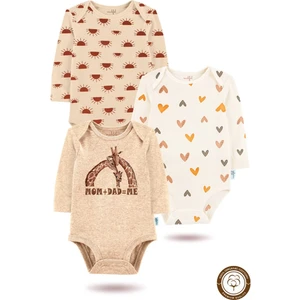 3'lü Organik"mom+Dad=me" Baskılı Uzun Kollu Bebek Body Zıbın   UZUN-BEJ-GÜNEŞ-KALP-731
