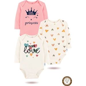 3'lü Organik"prenses-More Love" Baskılı  Desenli Uzun Kollu Bebek Body Zıbın    UZUNPEMBE-EKRU-KALP-607-604
