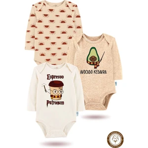 3'lü Organik  Baskılı Uzun Kollu Bebek Body Zıbın   UZUN-GÜNEŞ-BEJ-EKRU-719-720