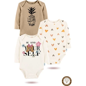 3'lü Organik "ananas " Baskılı Uzun Kollu Bebek Body Zıbın UZUN-EKRU-KAHVE-KALP-777-729