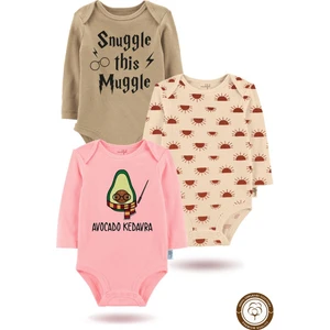 3'lü Organik Baskılı  Desenli Uzun Kollu Bebek Body Zıbın UZUNGÜNEŞ-KAHVE-PEMBE720-796