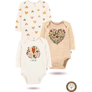 3'lü Organik"ı Love You" Baskılı Uzun Kollu Bebek Body Zıbın  UZUN-EKRU-KALP-BEJ-768-769