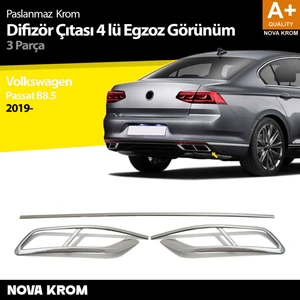 Nova Krom Vw Passat B8.5 Krom Egzoz Görünümü Difüzör 4'lü R Line 3 Parça 2019-2023