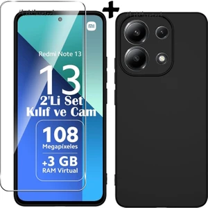 M.TK Moveteck Xiaomi Redmi Note 13 Kılıf Kamera Korumalı Soft Yumuşak Mat Silikon + 9h Tempereli Ekran Koruyucu Cam 2'li Set Ekran Camı ve Kılıf