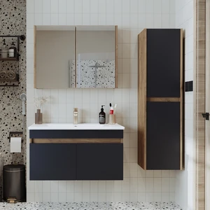 Lavabolu Atlantik - Antrasit Mat Mdf 85 cm Alt Dolap + Aynalı Üst Dolap + Boy Dolap