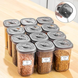 Meleni Home 12'li Etiketli ve Kilitlenebilir Hava Almaz Kapaklı Baharatlık Seti-Baharatlık Saklama Kabı Gri