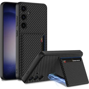 Galaxy S24 Plus Suni Deri Arka Yüzey Sürgülü Kamera Korumalı Kartlıklı Kıpta Silikon Kapak