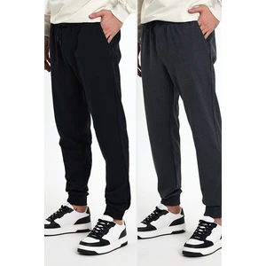 Erkek Siyah-Antrasit Arka Cep Etiket Detaylı Paça Lastikli Regular Fit 2'li Eşofman Altı