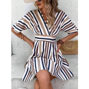 Kadın Krem Lacivert Ithal Keten Baskılı V Yaka Astarsız Elbise HZL24S-FRY121021