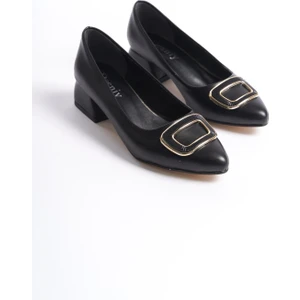 Kadın Katra Siyah Deri Kare Toka Detaylı 4 cm Kalın Topuklu Klasık Ayakkabı